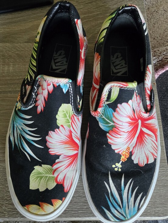 Vans Other - Vans Black Slip-On Sneakers with Red, Pink and Green Tropical Print